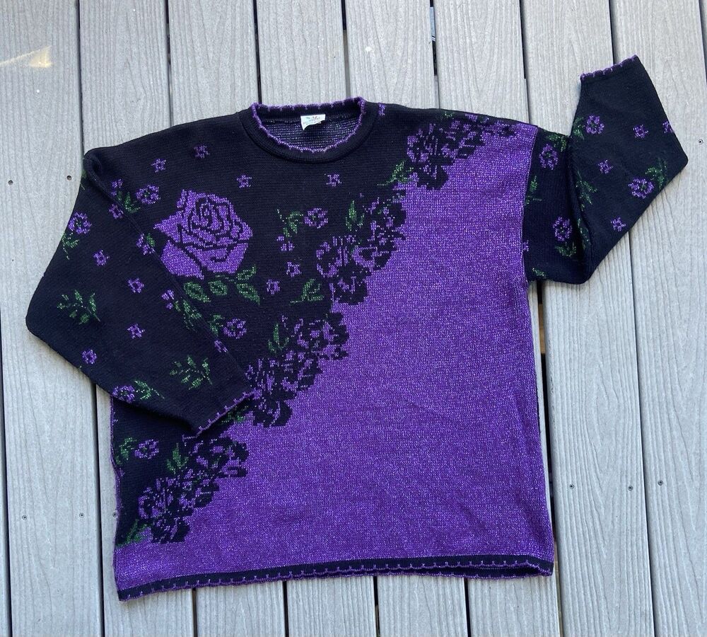Vintage Nutcracker Plus Size 2X Purple Black Rose Floral Metallic Sweater USA
